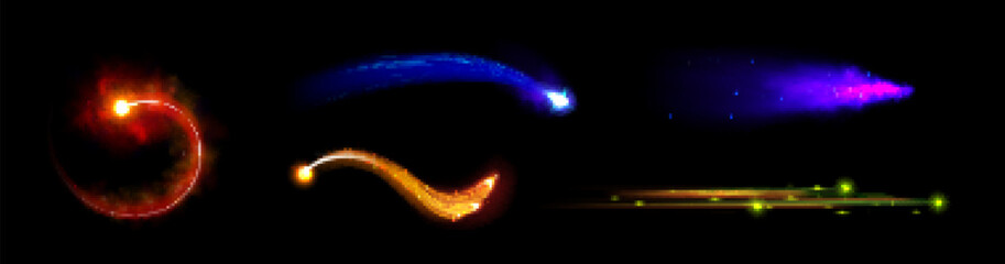 Wall Mural - rocket or comet fire trail and flame vector effect. jet engine speed vfx 3d game ui design. red fire