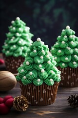 Wall Mural - Christmas cupcakes decorated with green frosting and christmas tree.