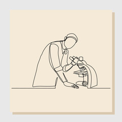 Wall Mural - continuous single line sketch drawing of male scientist analyze using microscope in laboratory. one 