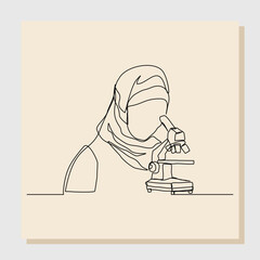 Wall Mural - continuous single line sketch drawing of female scientist analyze using microscope in laboratory. on