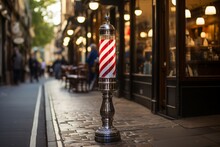 Classic Barber Shop Pole Spinning Outside A Charming Barbershop, Generative AI