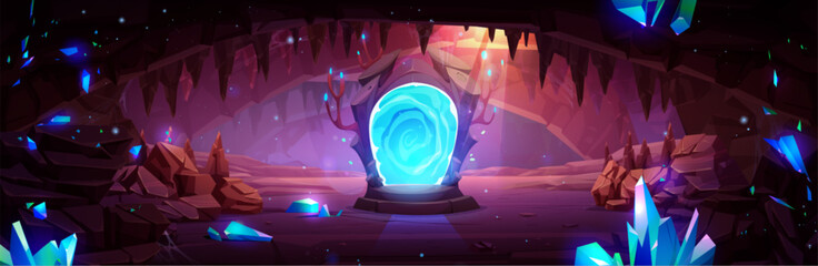 Wall Mural - Dark cave with gemstones and magic portal. Vector cartoon illustration of underground dungeon with sparkling mineral stones, rocky stalactites on walls, teleport mirror glowing with neon blue light