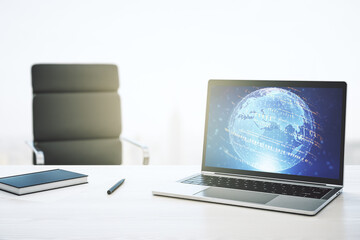 Wall Mural - abstract creative coding concept with world map on modern laptop screen. 3d rendering