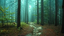 Mysterious Forest On A Foggy Autumn Morning. A Cool Day In Nature With Tall Trees Creates A Mysterious Atmosphere Inviting You To Walk And Admire The Beauty Of Forests And Nature Trails