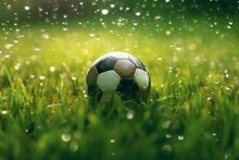 Close-up Of Soccer Ball On Grass Field With Glistening Dewdrops. Generative AI