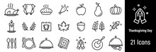 Thanksgiving Day Web Icons. Pray, Turkey, Autumn, Pumpkin, Cutlery. Vector In Line Style Icons