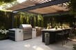 A backyard space with integrated grill and a serving counter. Generative AI