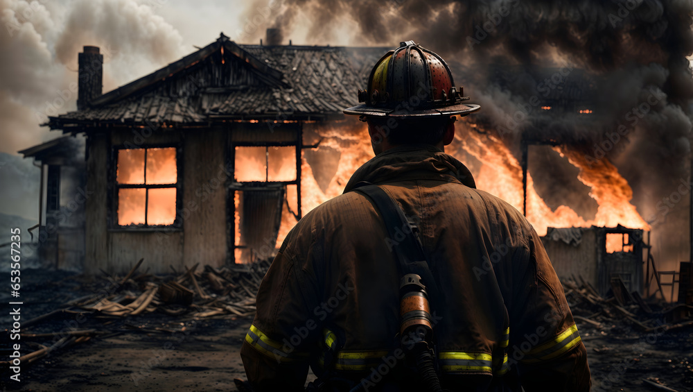 rear view, a tired, sweaty and dirty fireman in his 40s stands and ...