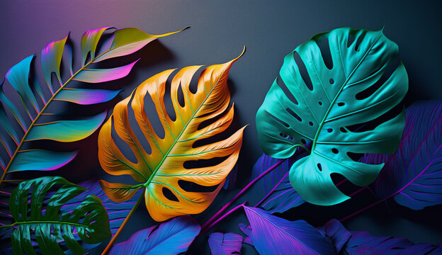 Colorful tropical leaves on a dark background. Beautiful natural neon leaves background.
