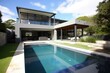 Stunning contemporary house featuring a beautiful garden and pool. Generative AI