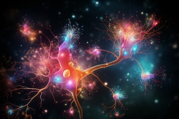 Wall Mural - neuron cells neural network under microscope neuro research science brain signal information transfe