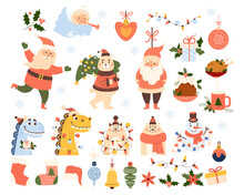 Christmas Cartoon Big Set. New Year Characters Santa Claus, Bear With Tree, Snowman With Garland, Little Angel, Dragon, Cat And Traditional Food And Holiday Decorations. Vector Illustration