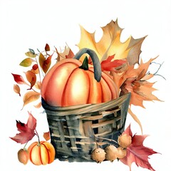 Watercolor picture of pumpkin and autumn leaves creative AI design