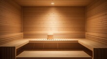 Front View Of Empty Finnish Sauna Room. Modern Interior Of Wooden Spa Cabin With Dry Steam.