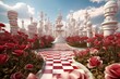 3D-rendered maze garden with chess, golden flamingo, red flower trees, clouds. Alice in Wonderland theme. Generative AI