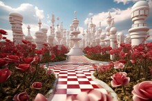 3D-rendered Maze Garden With Chess, Golden Flamingo, Red Flower Trees, Clouds. Alice In Wonderland Theme. Generative AI