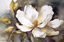 Art Painting Of Floral Wall Decor With Watercolor Flowers In Golden White And Gray. White Magnolia Watercolor Flower. Generative AI