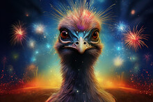 Funny Young Ostrich Bird With Fireworks In The Night Sky, Happy New Year