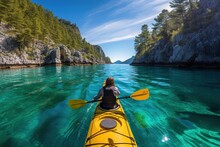 Person Kayaking Along A Serene River, River Adventures: On-Demand Paddle Excursions, Back View Waterway Exploration, Aquatic Journeys
