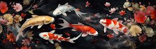 Watercolor Drawing Of A Dark Pond With Red Koi Fish. Horizontal Banner With Japanese Colored Carp Swimming In A Pond.