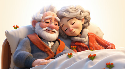  Generative ai illustration of 3d cartoon senior couple sleeping together