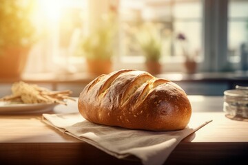 Bread wooden table. Supermarket food. Generate Ai