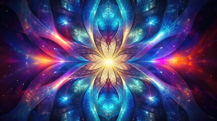 Wall Mural - Cosmic kaleidoscope background. Abstract sci-fi mandala fractal luminous neon glowing colorful lights wallpaper..