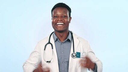 Sticker - Happy black man, doctor and pointing in advertising or marketing against a studio background. Portrait of African male person, healthcare or medical professional showing options or choice on mockup