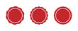© Elena Pimukova - Red circle seal stamp icons. Vintage wavy edge circle sticker. Star burst shape tags. Blank sale round sticker. Simple circle red wax seal. Vector illustrations set isolated on white background.
