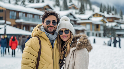 Arabic couple winter time with ski resort vacation on background