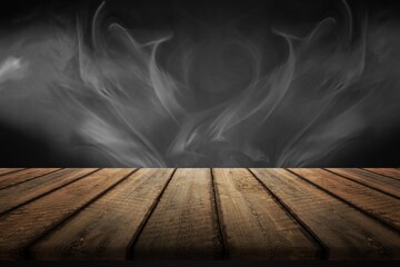 Poster - empty blank wooden table with white smoke and light