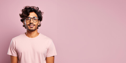 Handsome indian man wearing pink t-shirt and glasses. Isolated on pink background.