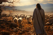 Image of Shepherd Jesus Christ leading the sheep and praying to God