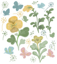 Wildflowers Nature Meadow Plants Flowers Leaves, Yellow Green Colors Hand Drawn Background Isolated Elements On A White Background