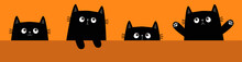 Happy Halloween. Cute Black Cat Set Banner. Draw Kitten With Paw Print, Eyes, Ears. Cartoon Kawaii Funny Baby Character. Peeking Animal. Childish Kids Collection. Orange Background. Flat Design.