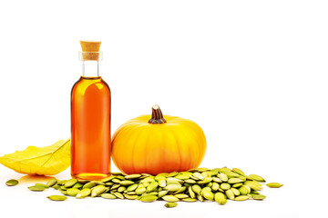 Wall Mural - Organic pumpkin seeds oil. Glass bottle with natural pumpkin oil, pumpkin, seeds and autumn leaf on white background. Healthy food. Harvest and oil production. Copy space, template