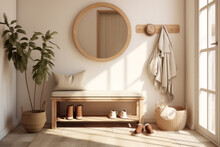 Entryway, Functional Wooden Bench, Woven Storage Baskets Underneath For Shoes. A Round Mirror. A Patterned Monochromatic Rug Anchors The Space. Style Of A Swedish Home Entrance