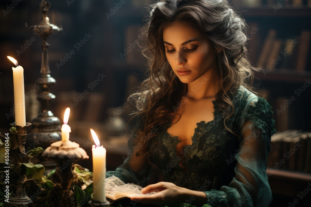 Beautiful witch casting a spell from book with fire and smoke. Woman ...
