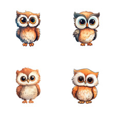 Set Of Cute Owl Watercolor Illustrations For Printing On Baby Clothes, Sticker, Postcards, Baby Showers, Games And Books, Safari Jungle Animals Vector