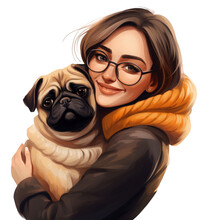 Illustration Of A Smiling Woman Holding A Pug Dog In Her Arms Isolated On A White Background As Transparent PNG