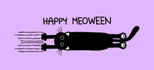 Happy Meoween (Happy Halloween) - Funny Quote Design With Cute Vampire Teeth Black Cat. Kitten Sign For Print. Adorable Cat Poster With Lettering, Good For T Shirt, Gift, Mug Or Other Designs.