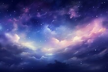 Dreamy Night Sky With Glowing Clouds And Stars, Illustrated As A Watercolor-like Painting Using Modern Technology. Generative AI