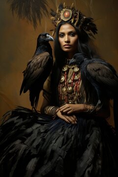 Beautiful indian woman posing with ravens. Woman wearing tribal dress.Dark color palette. Made with Generative AI