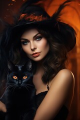 Wall Mural - Beautiful witch posing with her cat. Woman wearing  medieval dress. Magic academy. Made with Generative AI