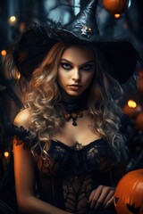 Wall Mural - Beautiful witch wearing medieval dress. Halloween illustration. Made with Generative AI