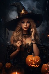 Wall Mural - Beautiful witch wearing medieval dress. Halloween illustration. Made with Generative AI