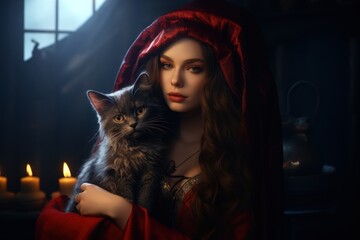 Wall Mural - Beautiful witch posing with her cat. Woman wearing red medieval dress. Made with Generative AI