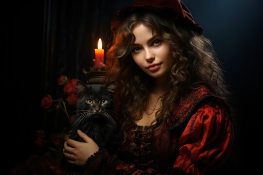 Beautiful witch posing with her cat. Woman wearing red medieval dress. Made with Generative AI