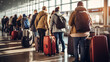 © juancajuarez - many people waiting in long queues at the airport before boarding a plane - traveling concept
