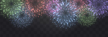 Vector Festive Fireworks Isolated On Png. New Year's Eve Fireworks With Brightly Shining Sparks. Realistic Sparks And Explosions. Colorful Pyrotechnics Show. Vector Isolated On Png Background.